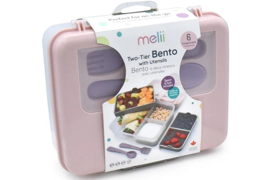 Melii 2 Tier Bento Box with Utensils- Pink/Grey