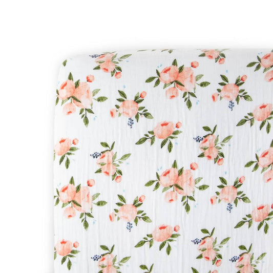 Little Unicorn - Muslin Fitted Cot Sheet - Watercolour Roses