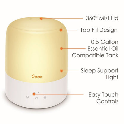 Crane 3 in 1 Cool Mist Humidifier, Aroma Diffuser & Sleep Support Light – 1.9L