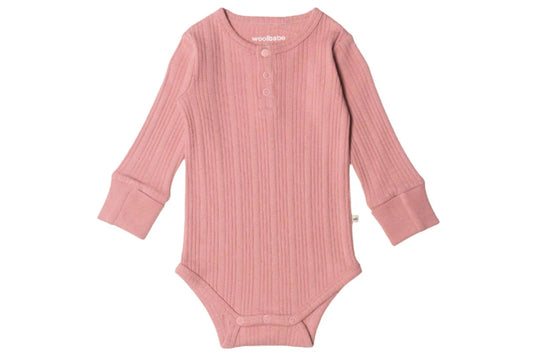 Woolbabe Organic Cotton/Merino Long Sleeve Henley Bodysuit - Dusk Marl