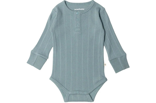 Woolbabe Organic Cotton/Merino Long Sleeve Henley Bodysuit - Tide Marl